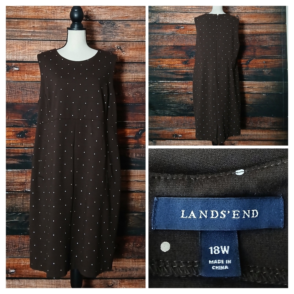 Lands End Dress Plus Size 18 W Ponte Brown Polka Dot Pockets Stretch